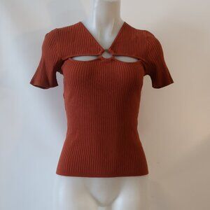 NWT Women Minnie Rose Rust Ribbed V-Neck Keyhole Viscose Blend Cut-Out Sweater S